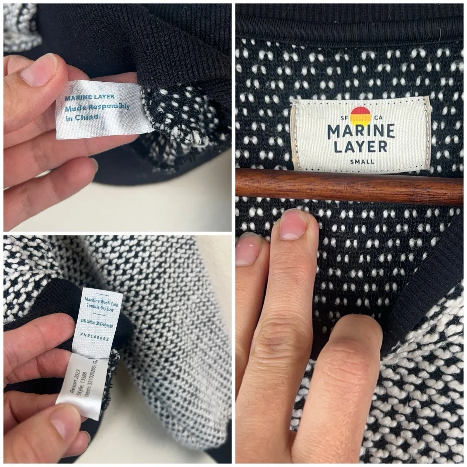 Marine Layer Textured Knit Pullover Sweatshirt S Black White Crewneck - Image 8