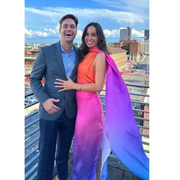 BAOBAB Orange Pink Purple Satin Shift Open Back One Shoulder Ombre Ari Gown L Size L - Image 2