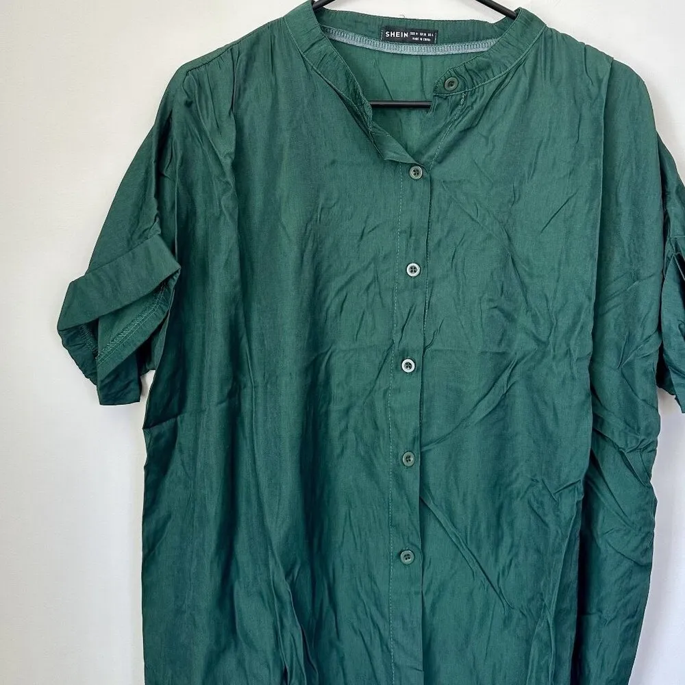 Retro Green Button Up Rolled Short Sleeve Blouse - Size: Medium - Image 5