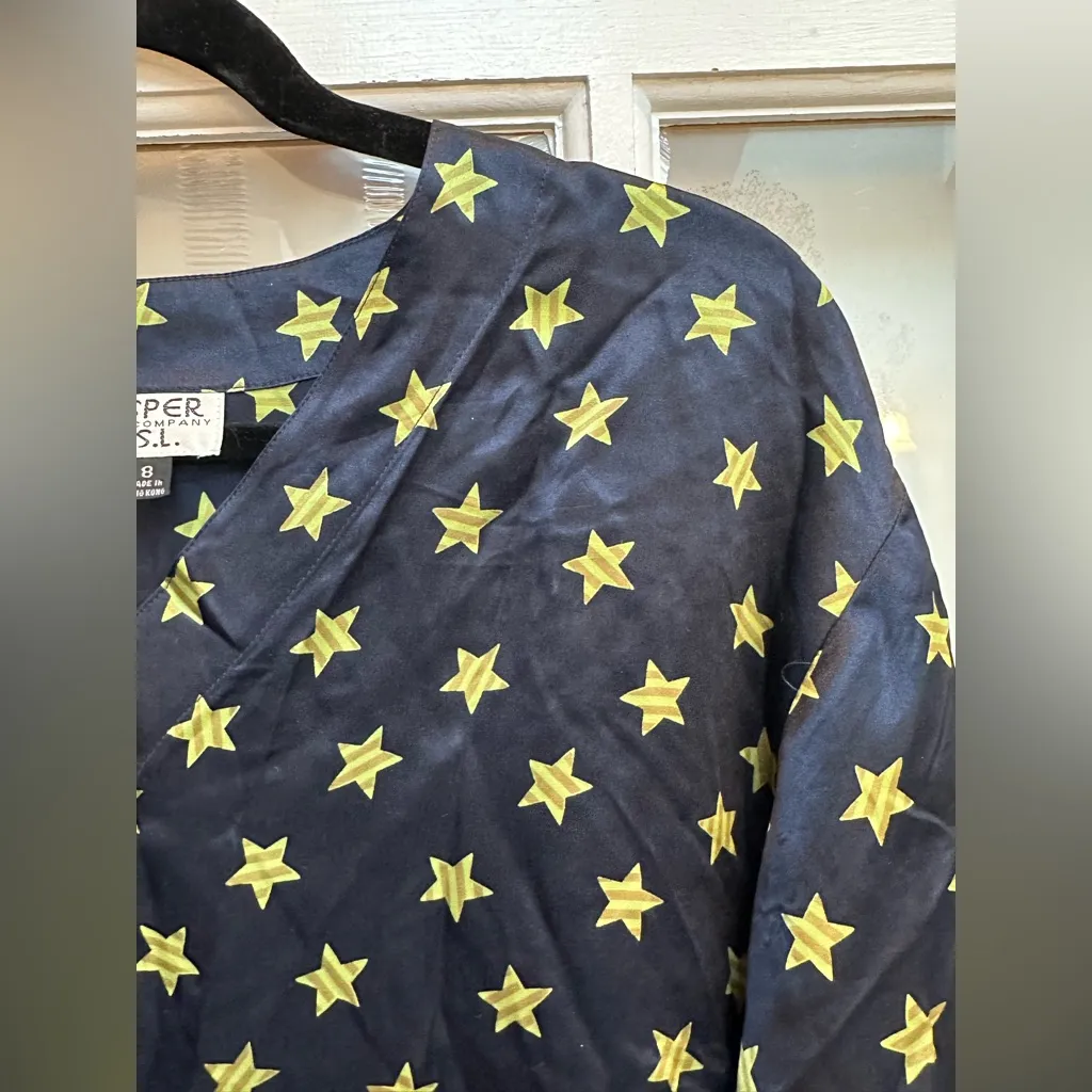 Vintage Kasper A.S.L  80’s 100% Silk Navy and Yellow Star Print Blouse Size 8 M - Image 2