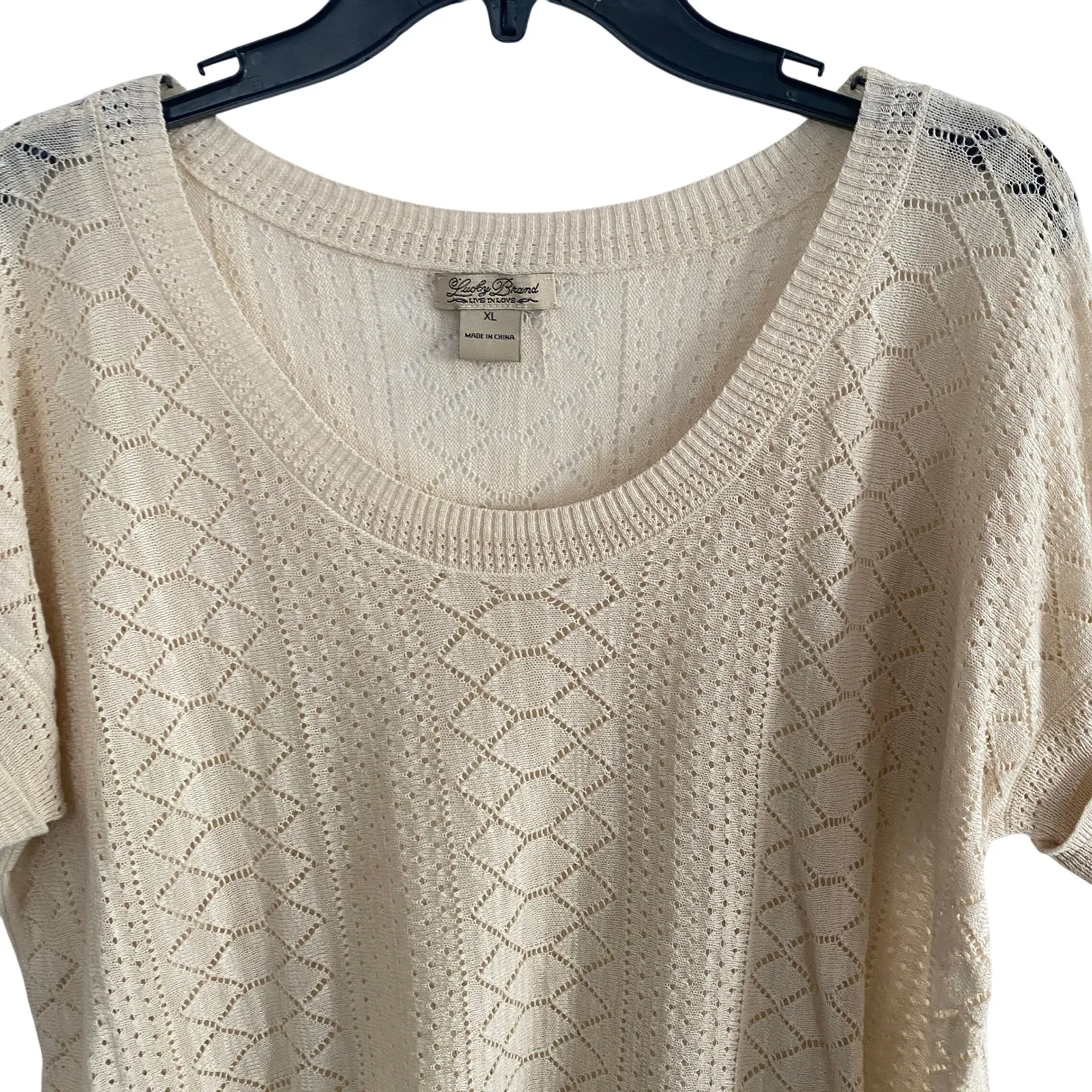 Lucky Brand Women's Top XL Beige Crochet Open Knit Tunic Sweater Boho Chic - Image 2