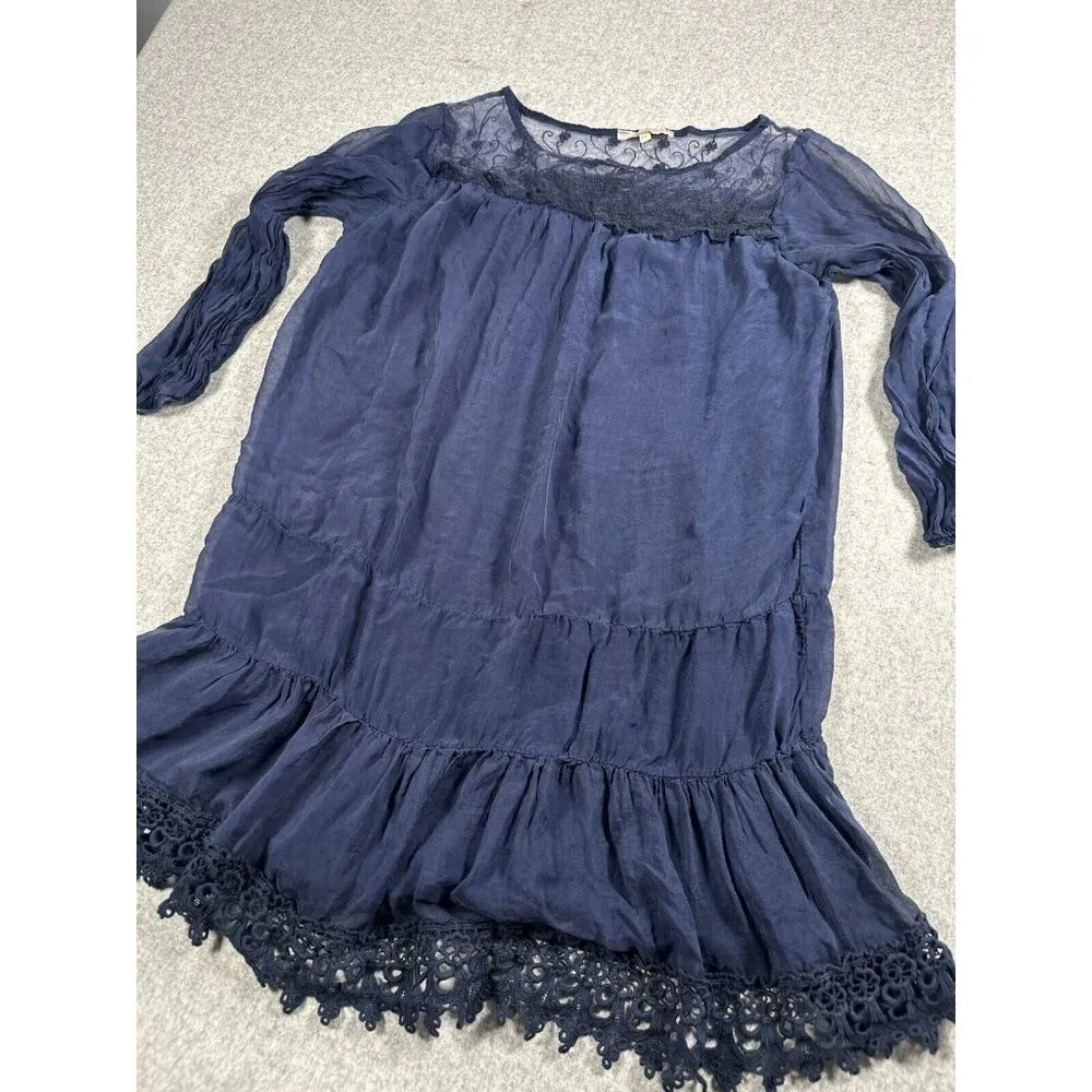 Prontomoda Giusy Medium Top Pure Silk Lace Accent Tunic Blouse Blue Lightweight - Image 11