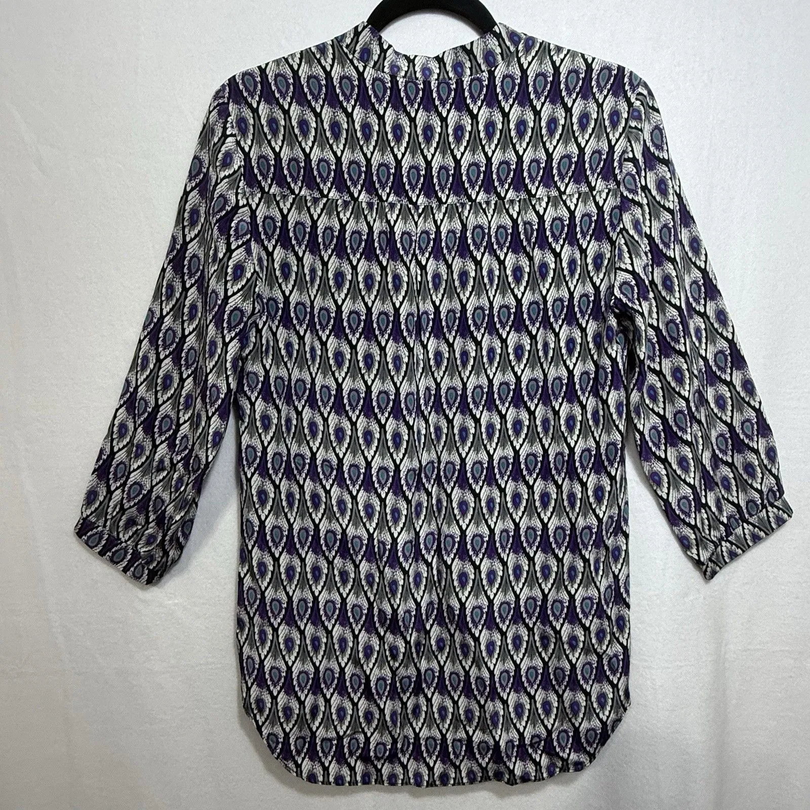 Amanda Uprichard Peacock Feather 100% Silk Split Neck Popover Blouse Top Size S Purple - Image 2