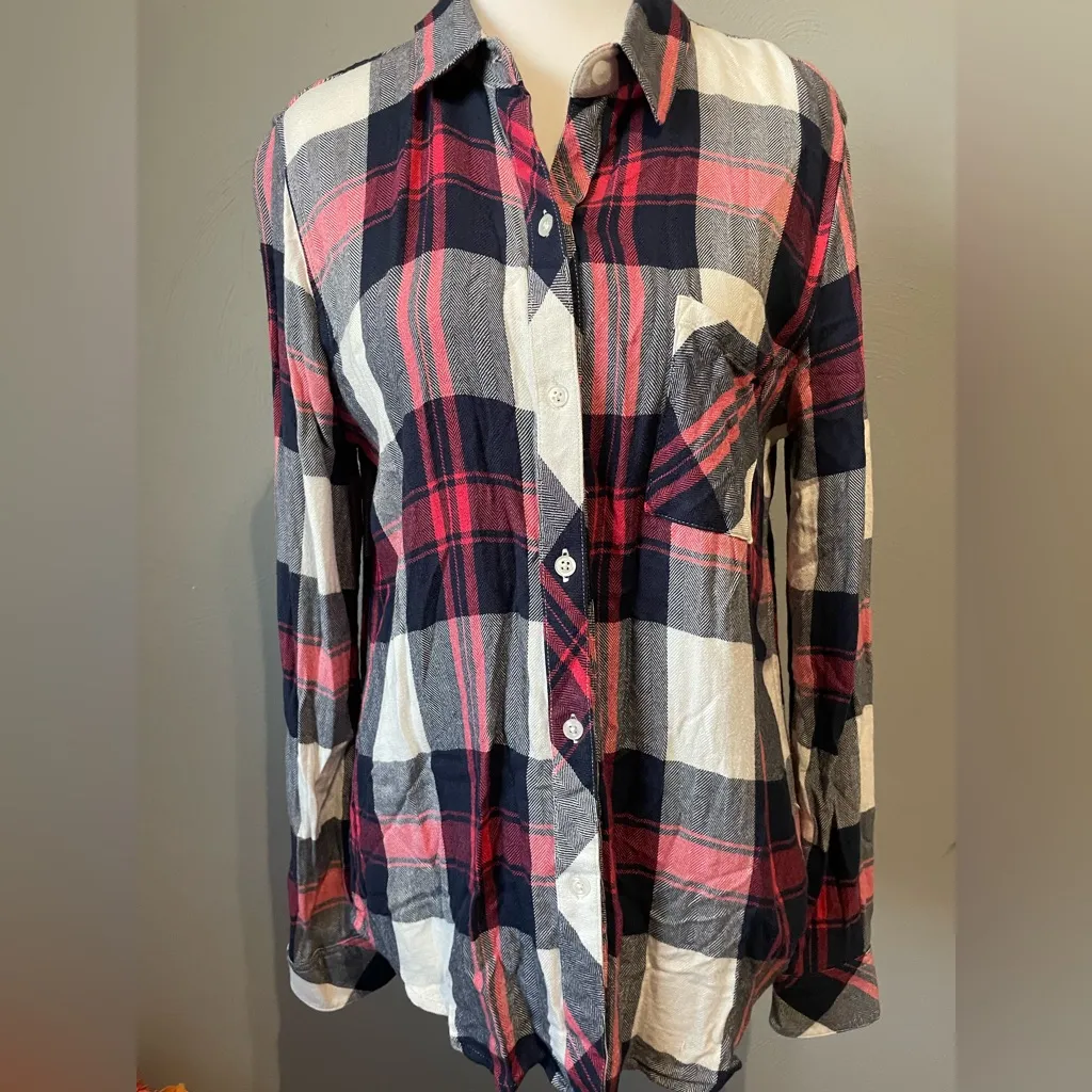 Rails Hunter Plaid Button Down Shirt –White/Indigo/Blush Soft Buttery Rayon - Image 4