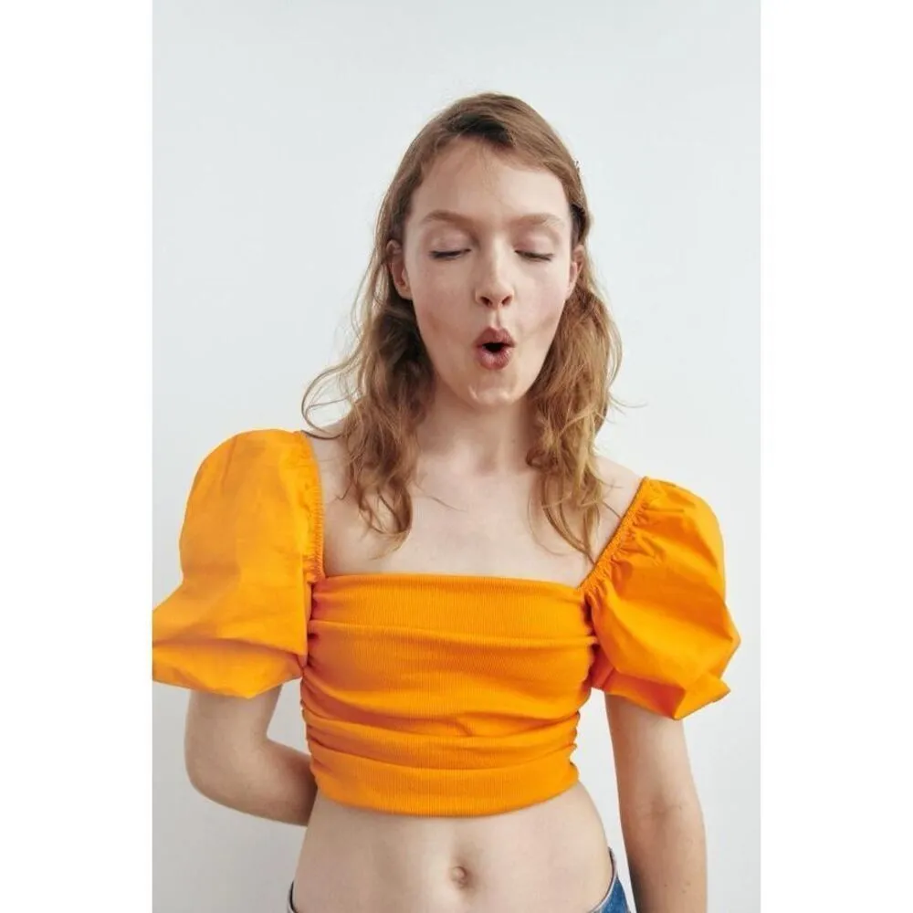 ZARA Bold & Bright Puff Sleeve Crop Top In Marigold Orange Yellow Size M - Image 2