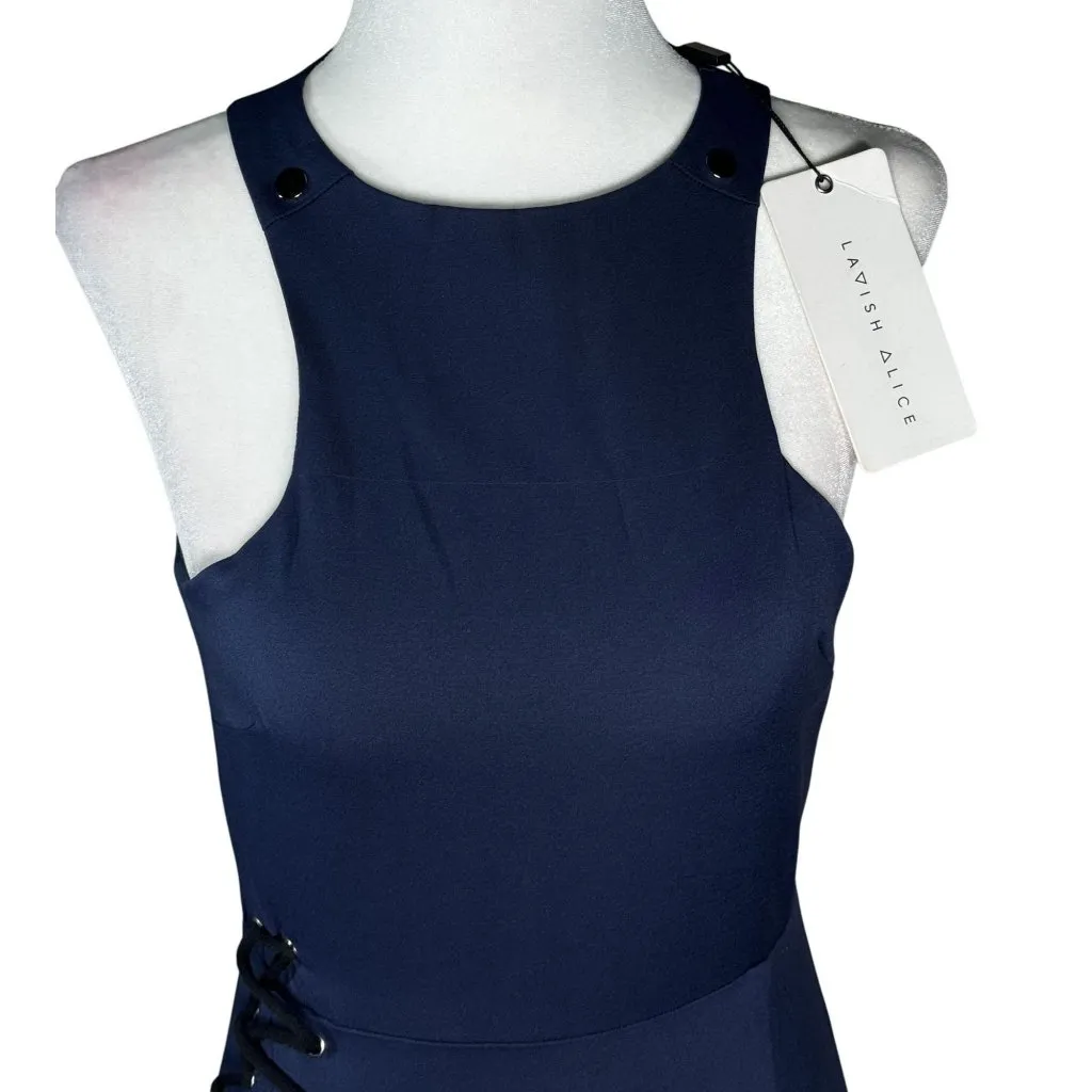 NWT Lavish Alice Womens Dress Size 8 Navy Sleeveless Bodycon Midi Dress Lace-Up - Image 5