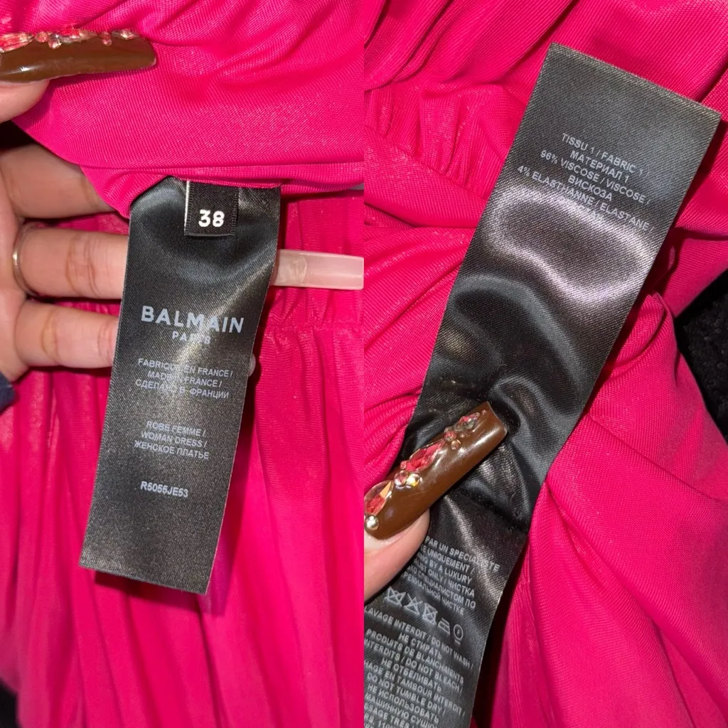 Balmain Fuchsia Ruched Mini Dress Metallic Shine V-Neck Pointed Shoulder - Image 15