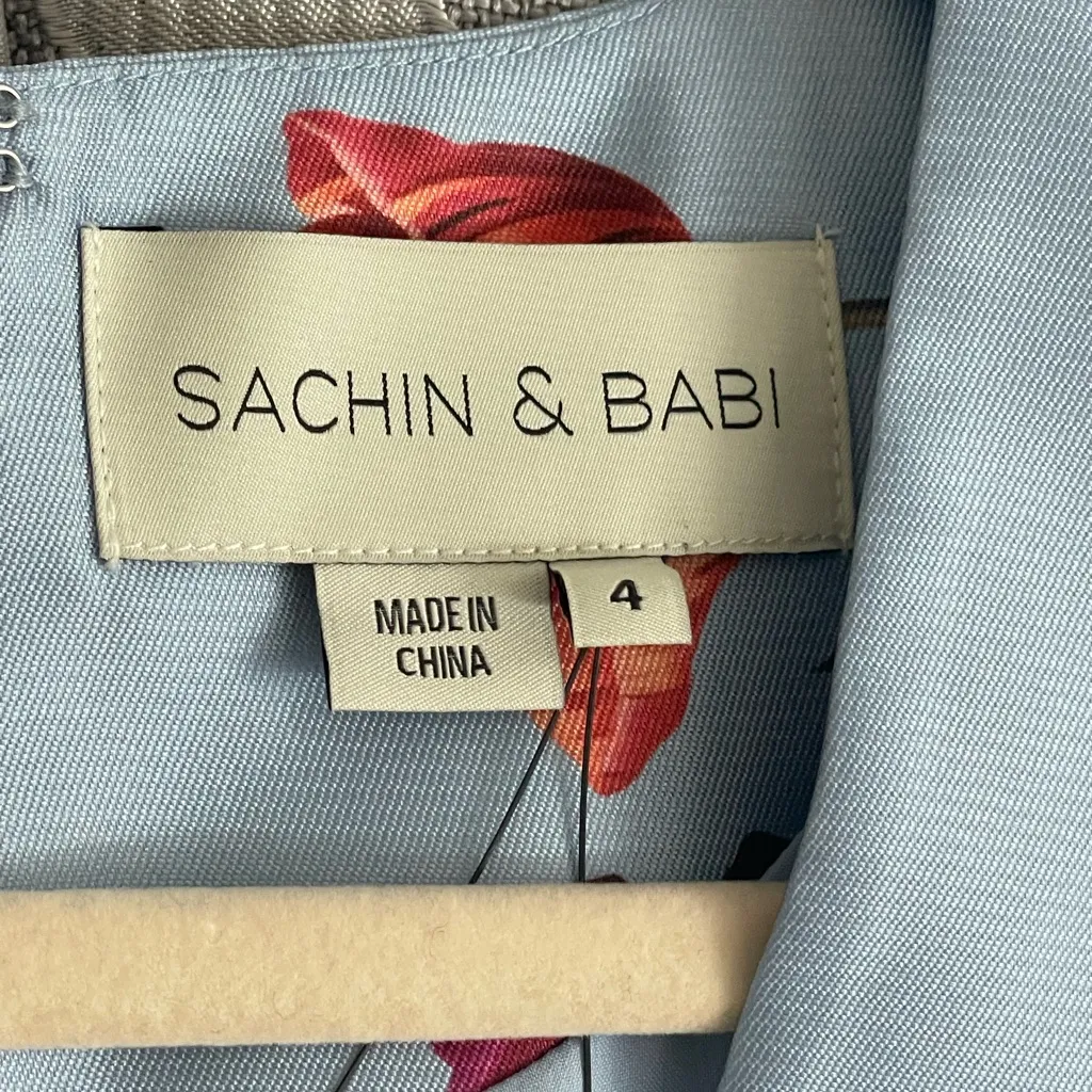 Sachin & Babi Brooke Gown Glacial Blue Bright Floral Print Mikado V Neck Gown Size 4 - Image 7