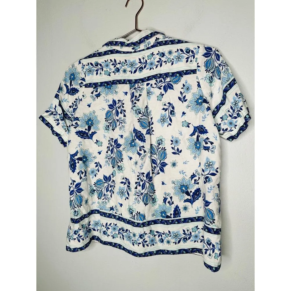 YUMI KIM Blue White Button Down Short Sleeve Carly Linen Top Size Medium - Image 3