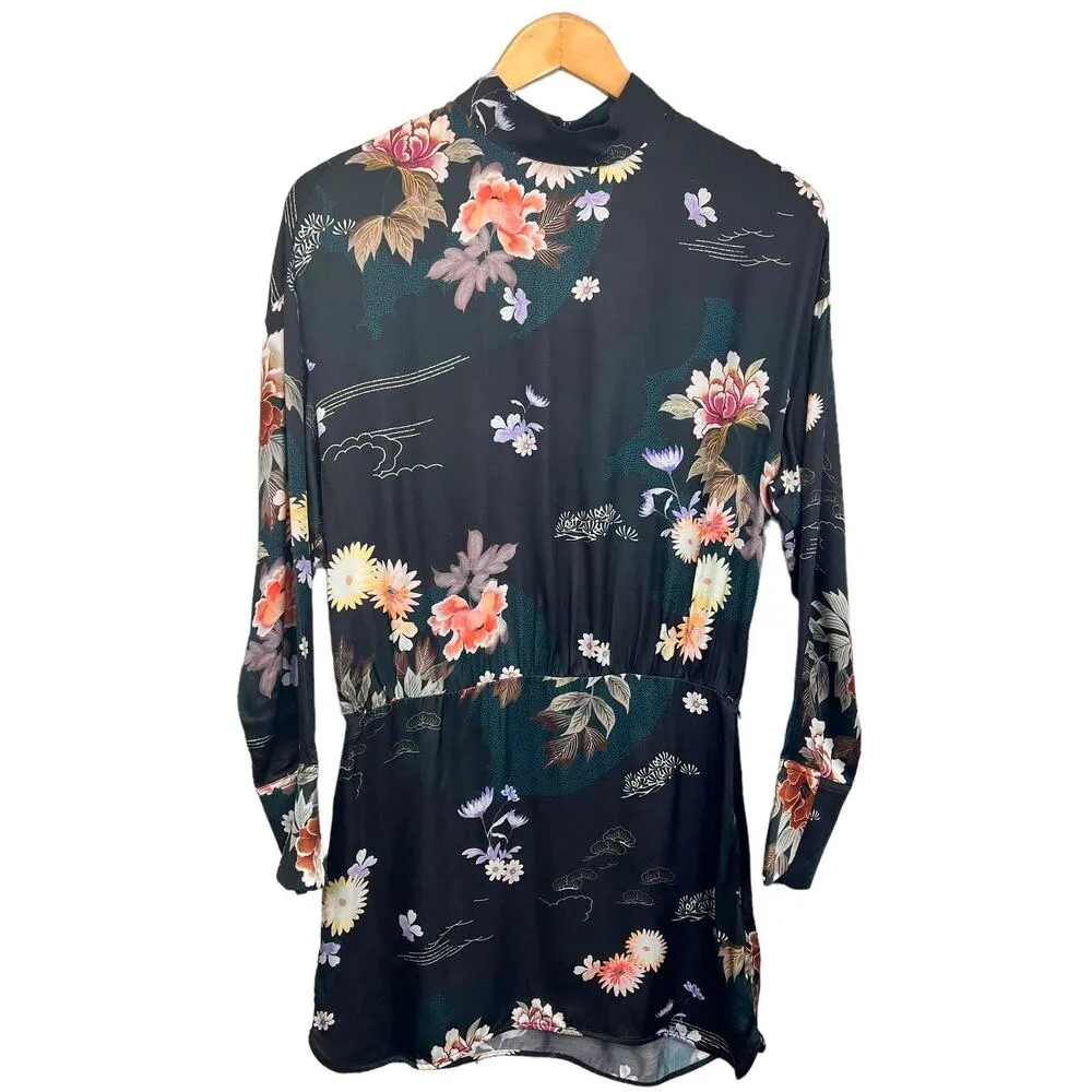 Zara The Camila Mini Dress Black Size S Floral Long Sleeve Satin Straight Pencil - Image 4