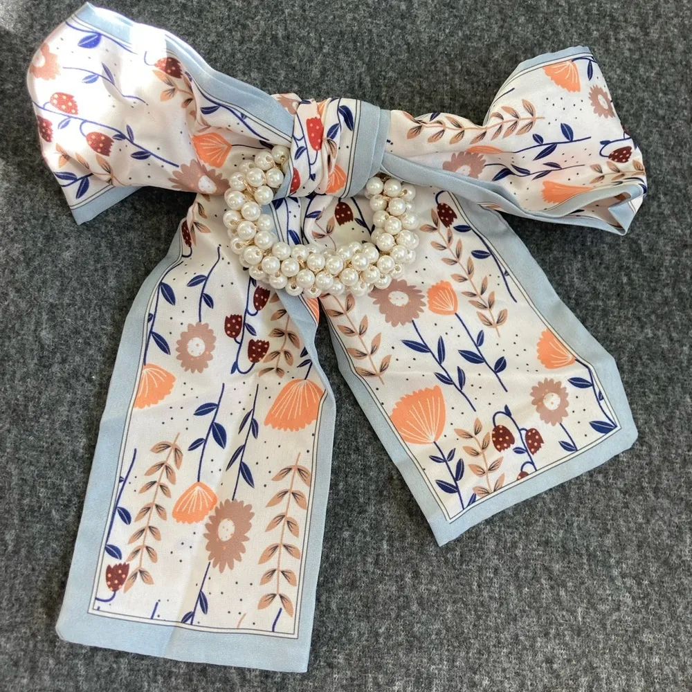 New Bowknot artificial Silk Hair Scrunchies Women artificial Pearls Elastic band White - Image 3