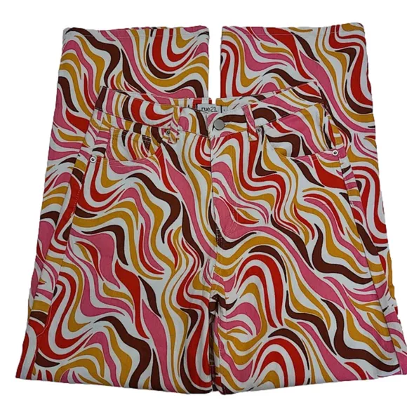 70’s Inspired Retro HR Wide Leg Jeans by Rue 21 Pink Orange Brown White Large - Image 2