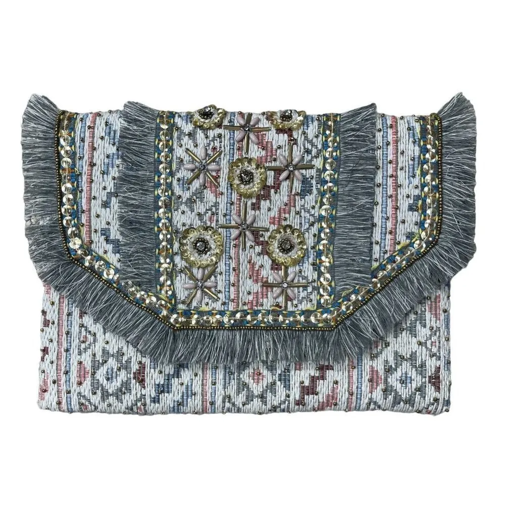 Versona Tweed Sequin Handbag Purse Envelope Bag Crossbody Grey Blue - Image 3