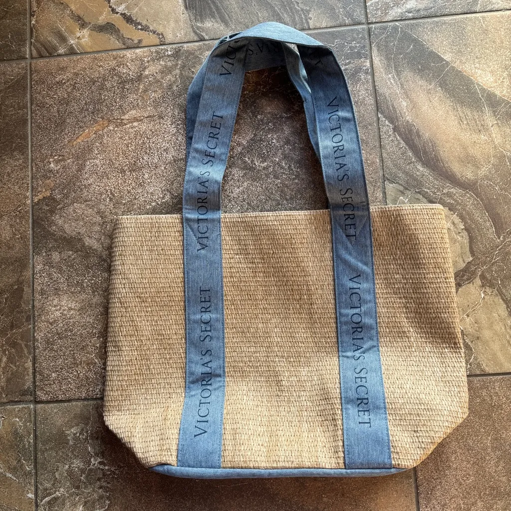 Victoria's Secret Straw Beach Tote Bag Large Weekender Travel Logo Blue‎ Beige - Image 2