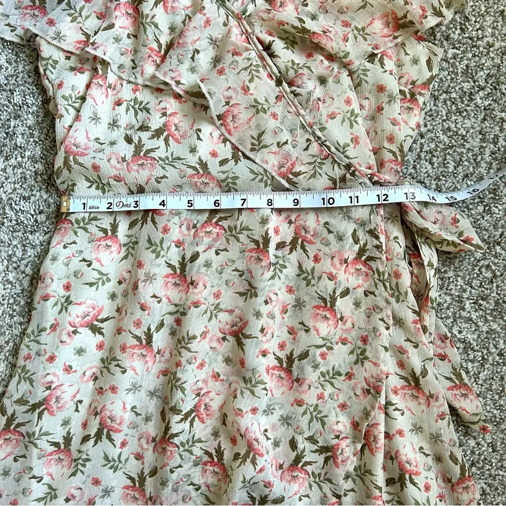 🦋 Xhilaration Cream Pink Floral V-Neck Ruffle Hi-Low Midi Dress Wedding Medium - Image 7