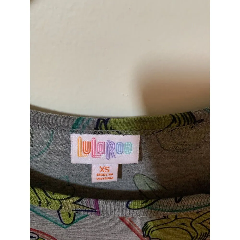 Lularoe Carly Kermit The Frog Size XS T Shirt Dress Short Sleeve Gray Hi Low - Image 6