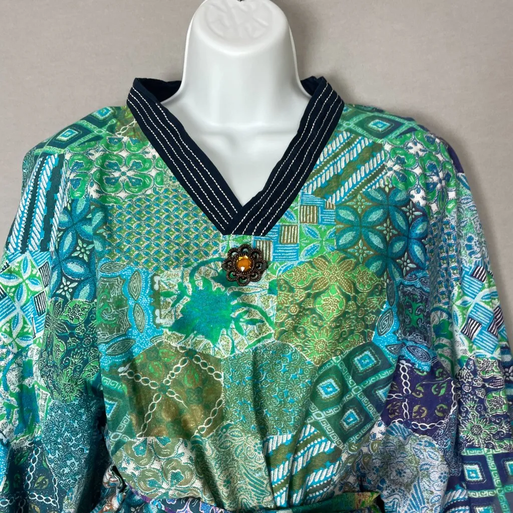 Handmade Top Kimono Sleeve‎ Tie Waist Patchwork Print Colorful Green Blue V - Image 4