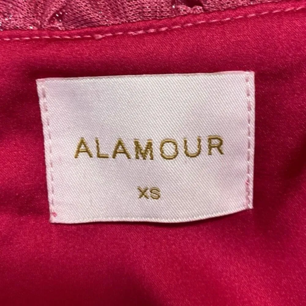 Alamour The Label Pink Velvet Velour Sleeveless Ruffle Camisole Crop Tank Top XS Red - Image 3