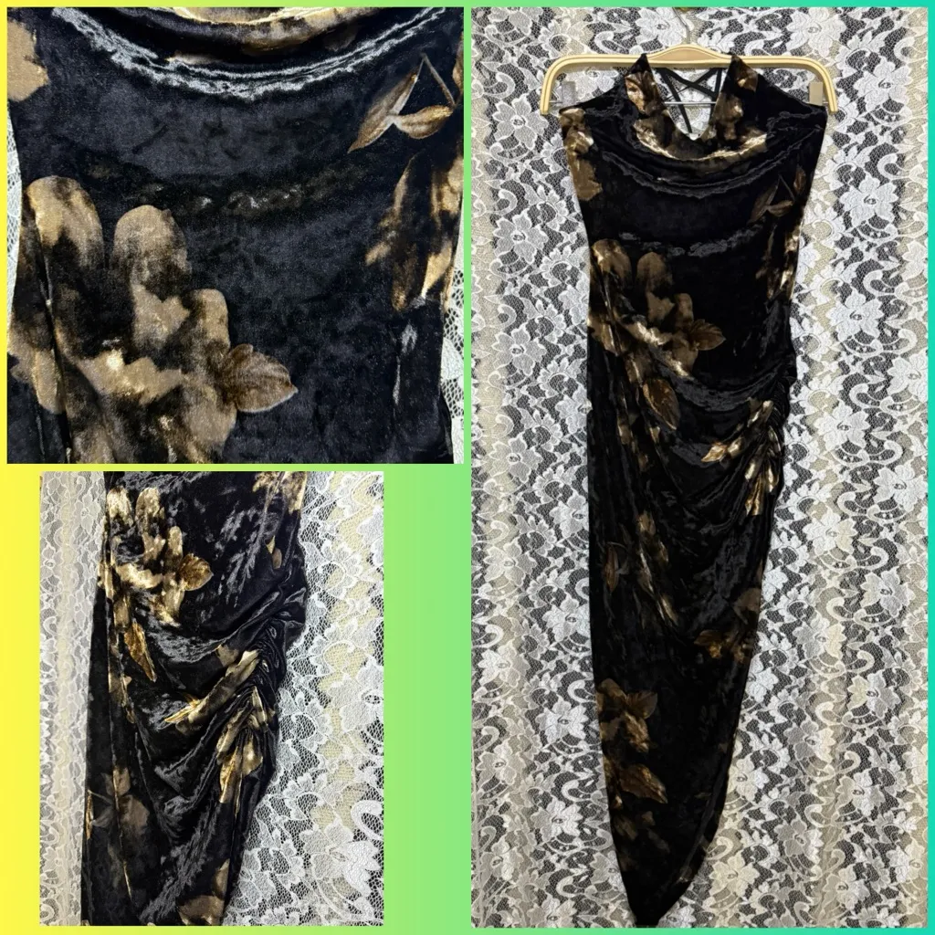 Black tan velvet asymmetrical Dress side ruching floral small adjustable straps - Image 2