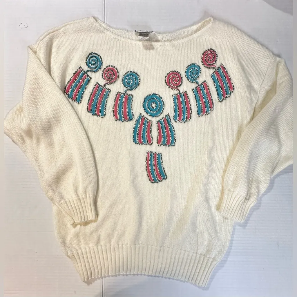 Vintage Kenneth Too Ivory Aztec Pullover Sweater Turquoise Embellished Sz S/M Blue - Image 2