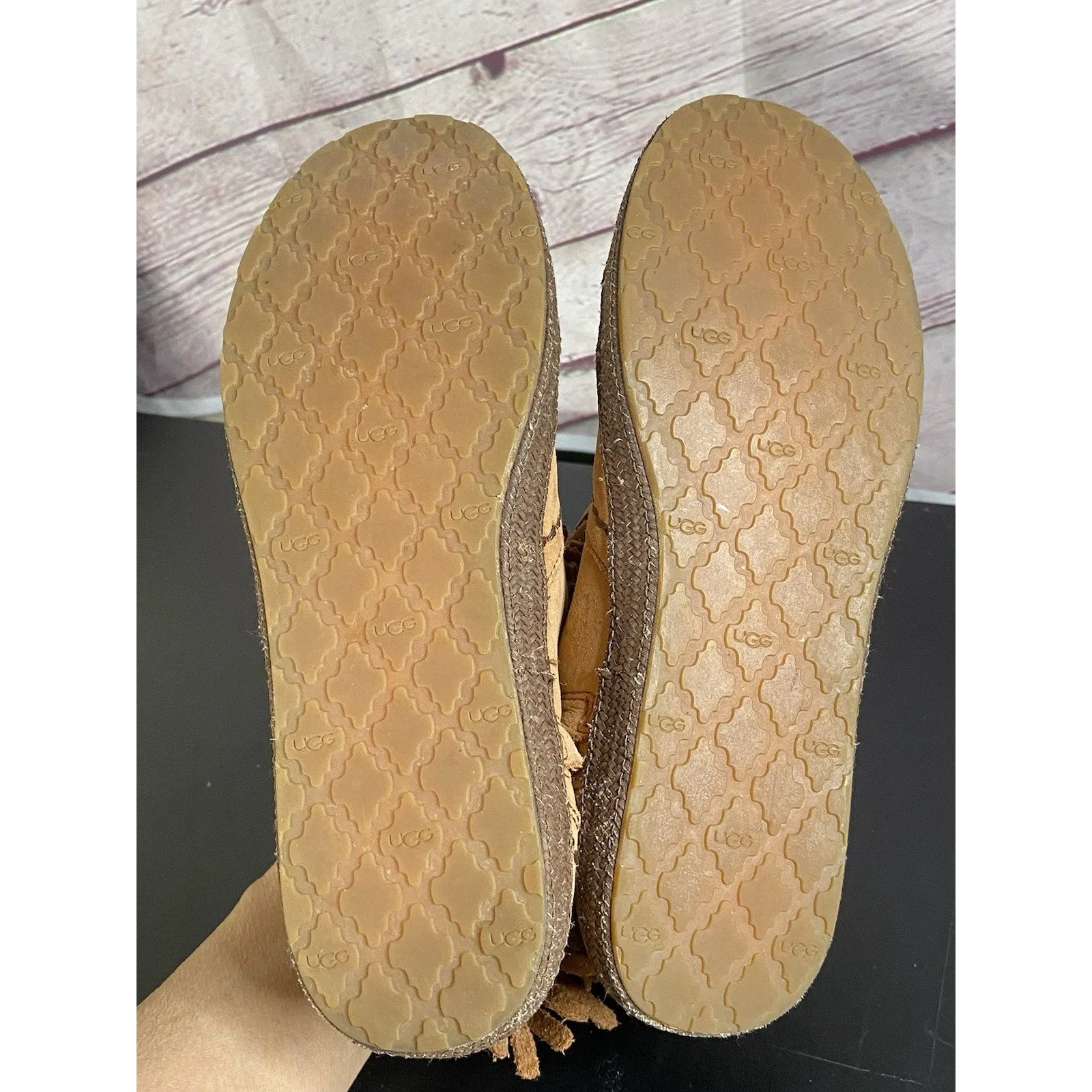 UGG Tiana Chestnut Suede Boho Ankle boots w Suede Fringe Sherpa Lined Size 5.5 - Image 10