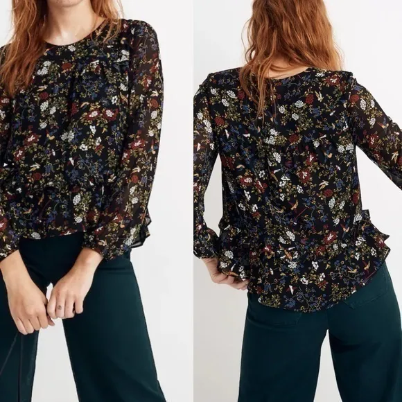 Madewell Black Floral Balloon Sleeve Blouse Size Large - Image 2