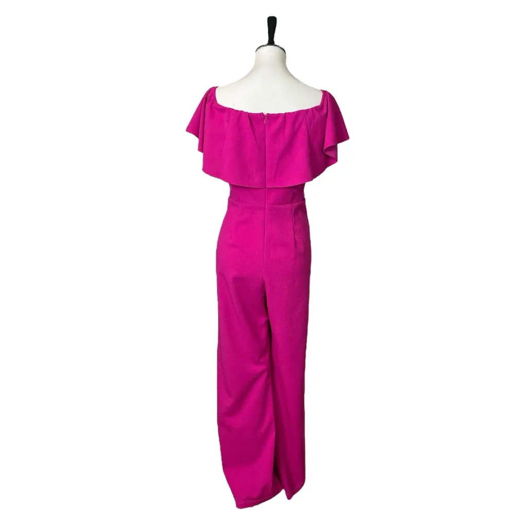 Bebe Jumpsuit Off Shoulder Straight Leg Crepe Hot Pink Fuchsia Women’s Size 12 - Image 6