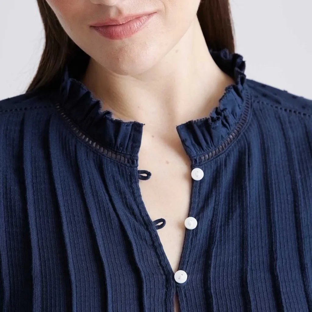 Quince Organic Textured Cotton Peasant Blouse Navy Blue 100% Cotton Swiss Dot S - Image 2