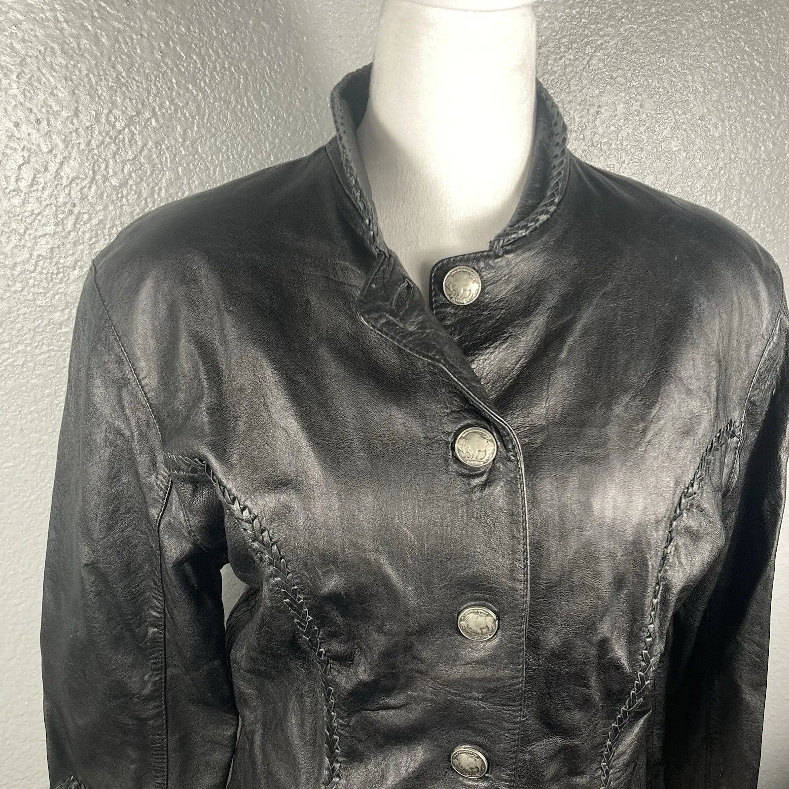 Vintage Black Leather Jacket M Buffalo Nickel Buttons Grunge Goth Street 80s 90s Size M - Image 2