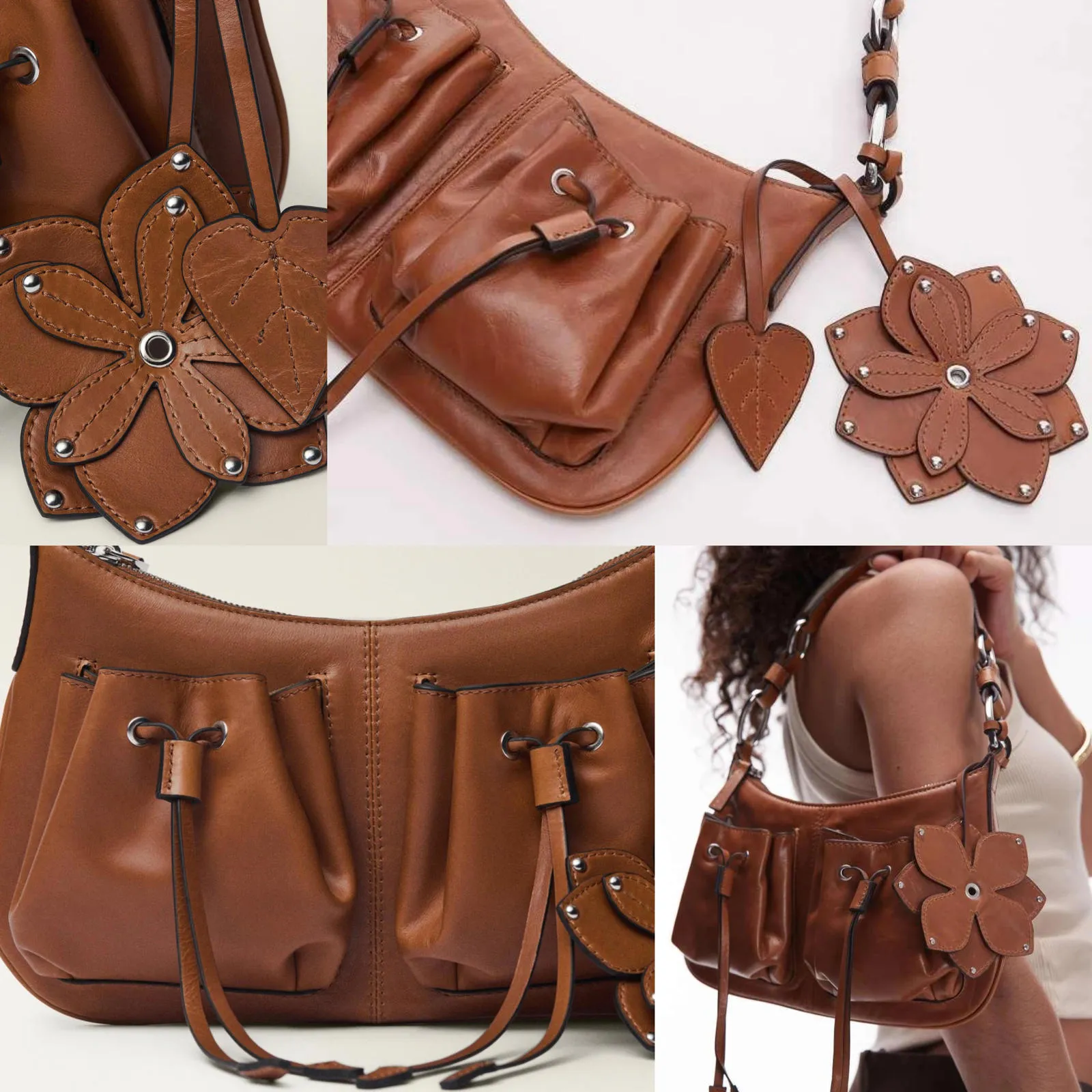 Mango Leather Shoulder Bag with Gathered Pockets & Charms NWT Brown - Image 3