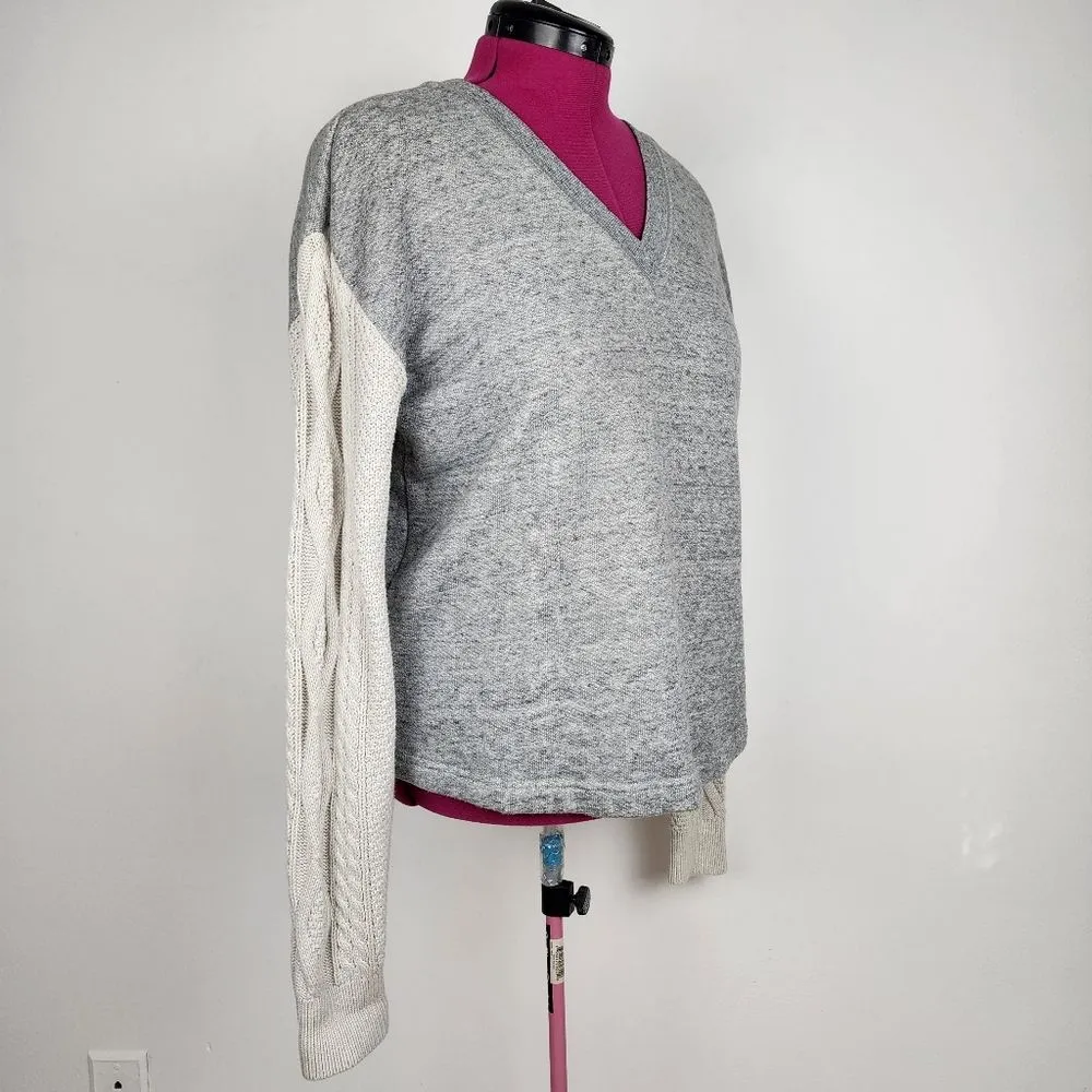 Cabi Fusion Sweatshirt Sweater V-Neck Cable Knit Sleeves Gray Off White M - Image 12