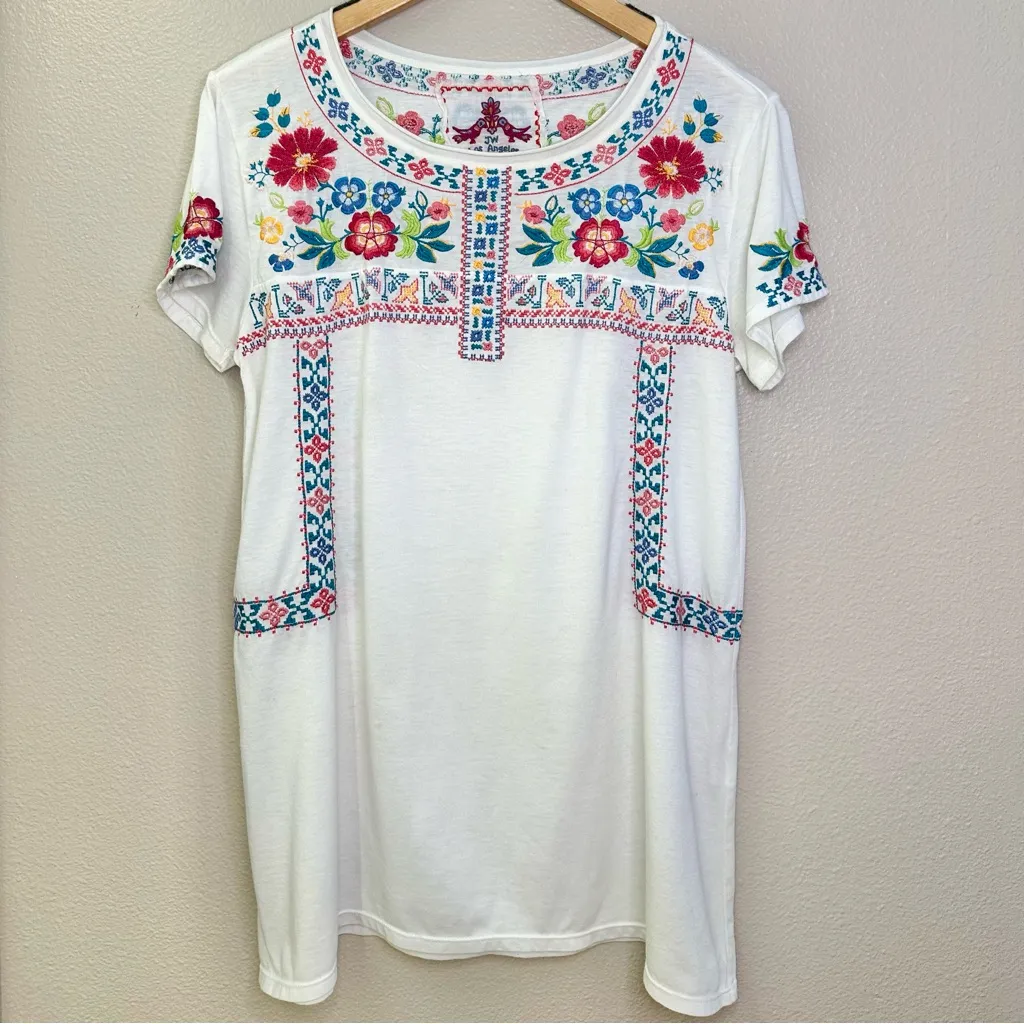 Johnny Was Embroidered Floral Tunic White Short Sleeve Top - Image 7