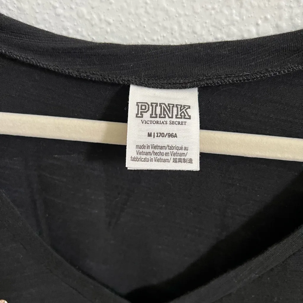 PINK Victoria’s Secret black vneck short sleeve tee rose gold bling front & back - Image 2