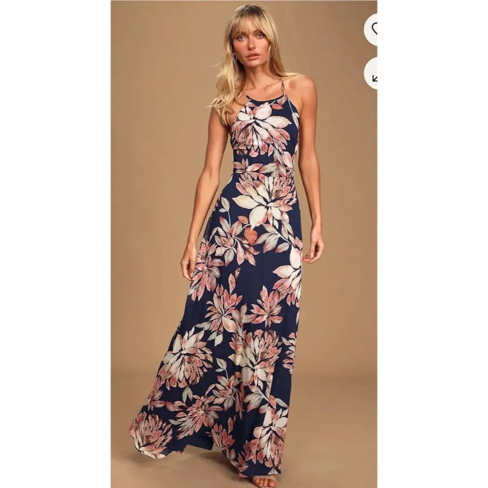 Lulus Adventure Seeker Maxi Dress Women‎ Medium Navy Blue Floral Wedding Guest - Image 3