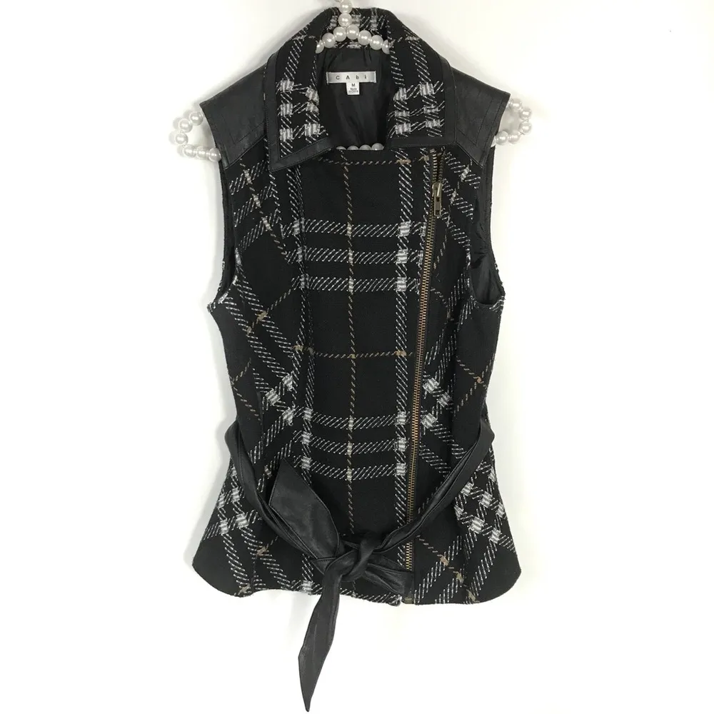 Cabi Vest Size Medium Style 517 Moto Plaid Top Sleeveless Belted Waist Classy - Image 2
