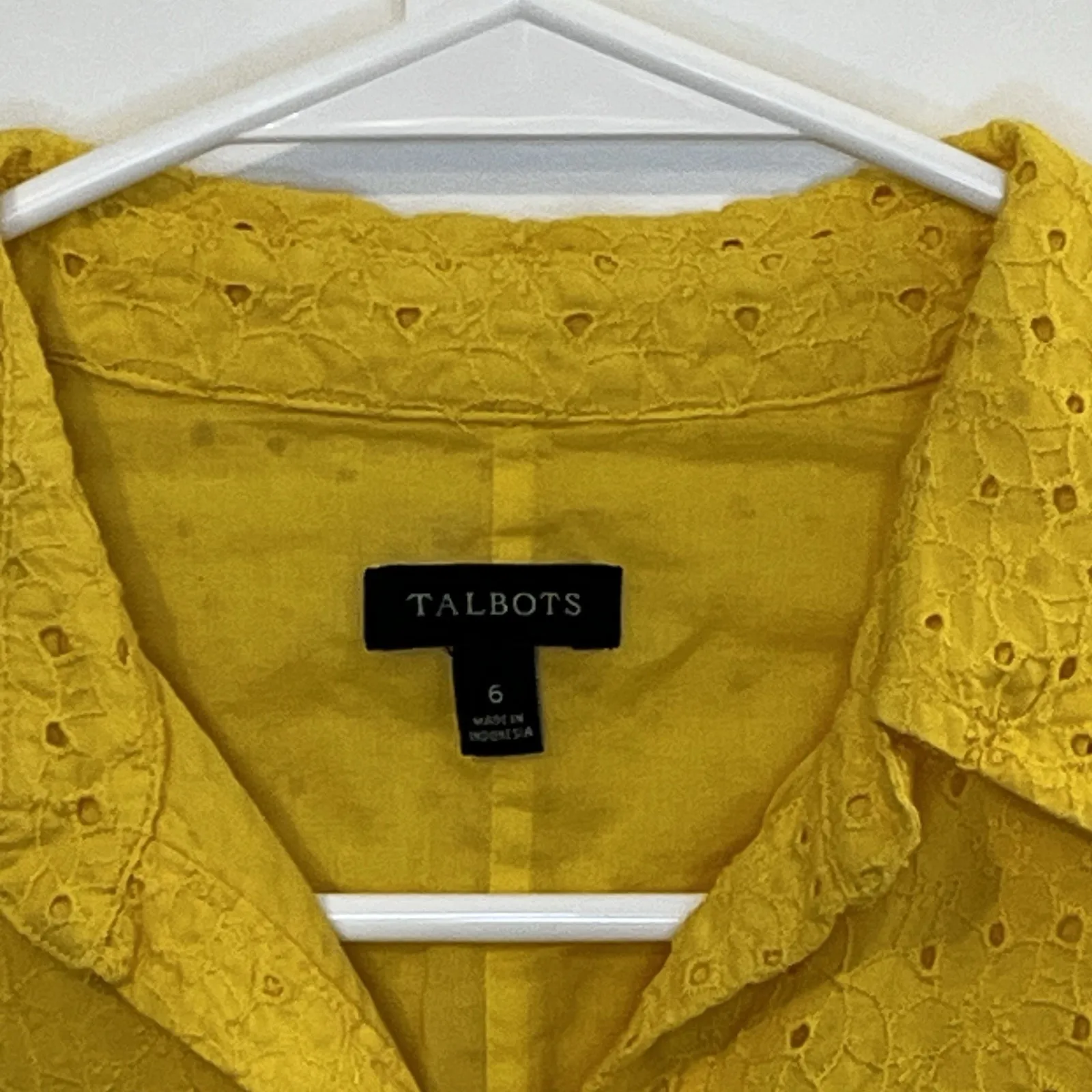 TALBOTS Yellow Embroidered Eyelet Cotton Shirt Waist Belted Dress Size 6 - Image 5