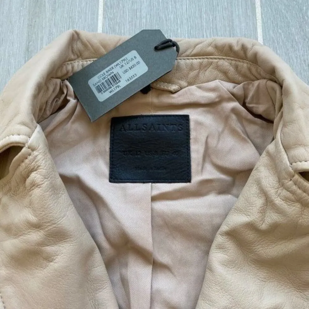 NWT All Saints Cole Biker Leather Jacket Sand Brown Sz 8 - Image 3