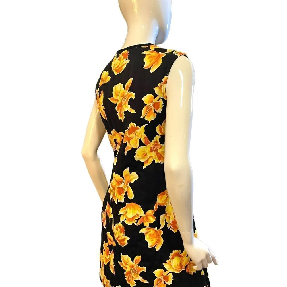 Vintage 1970s Floral Quilted Cheongsam Mini Dress Yellow Size M - Image 10