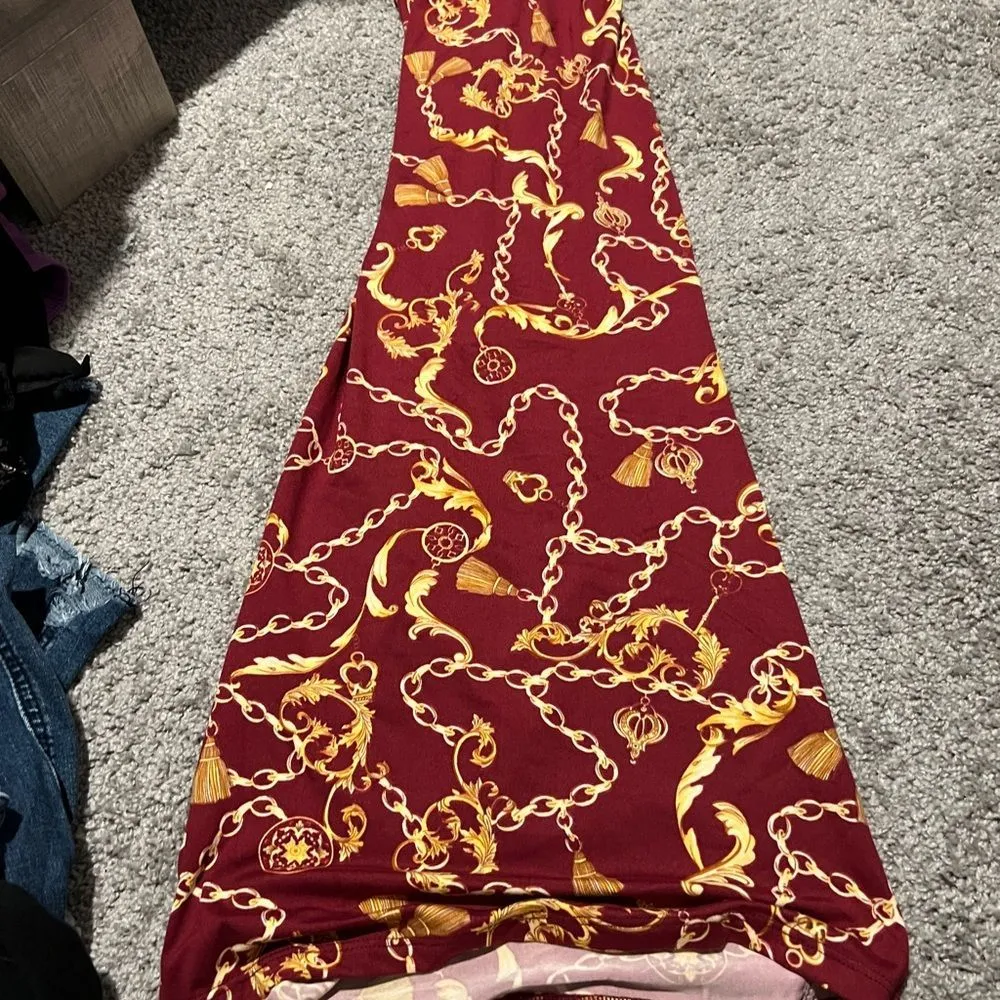 NWT capella New Burgundy Chain Print Criss Cross Back Dress L Gold Size L - Image 8
