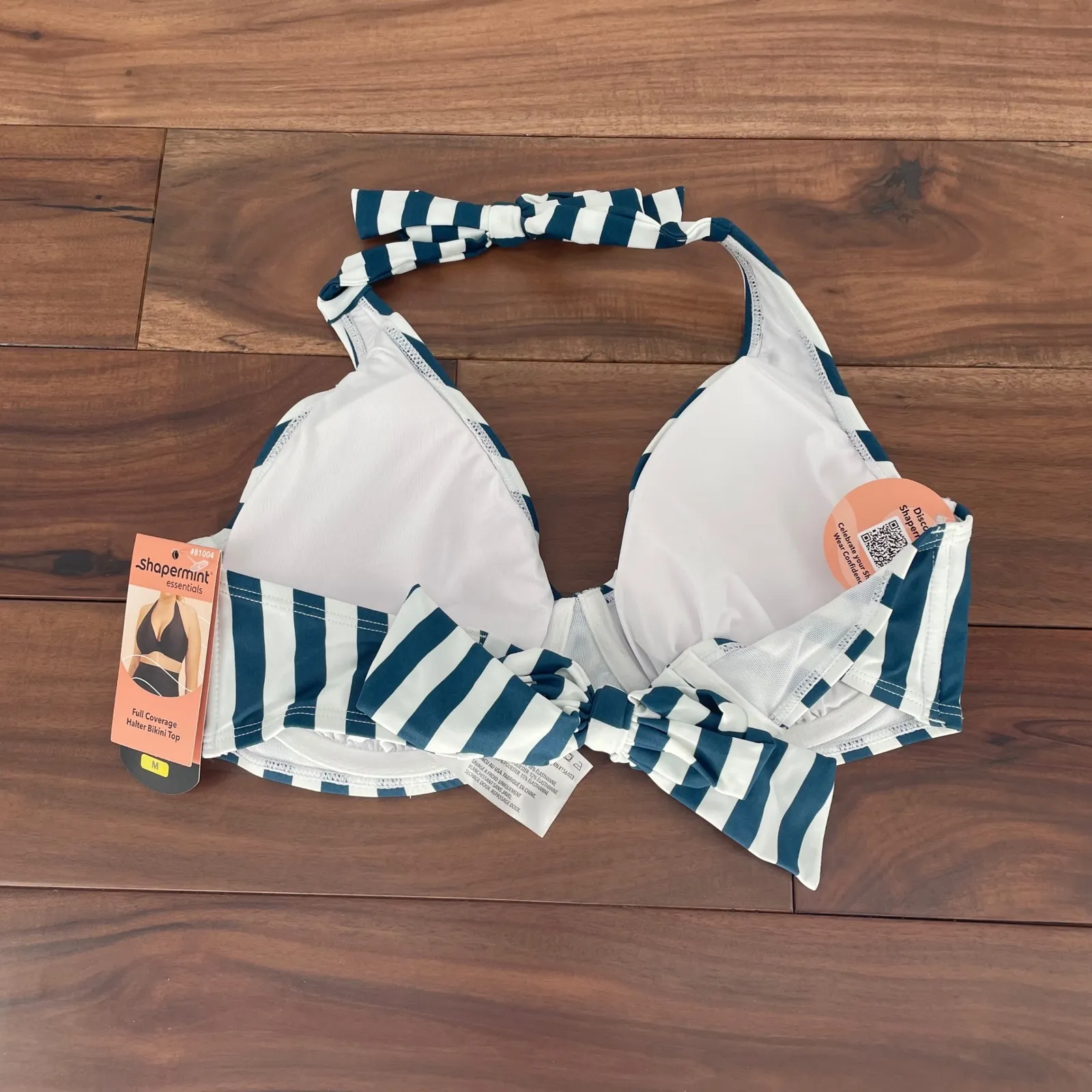Shapermint Essentials Full Coverage Halter Bikini Top Navy White Stripe Size M Blue Size M - Image 4