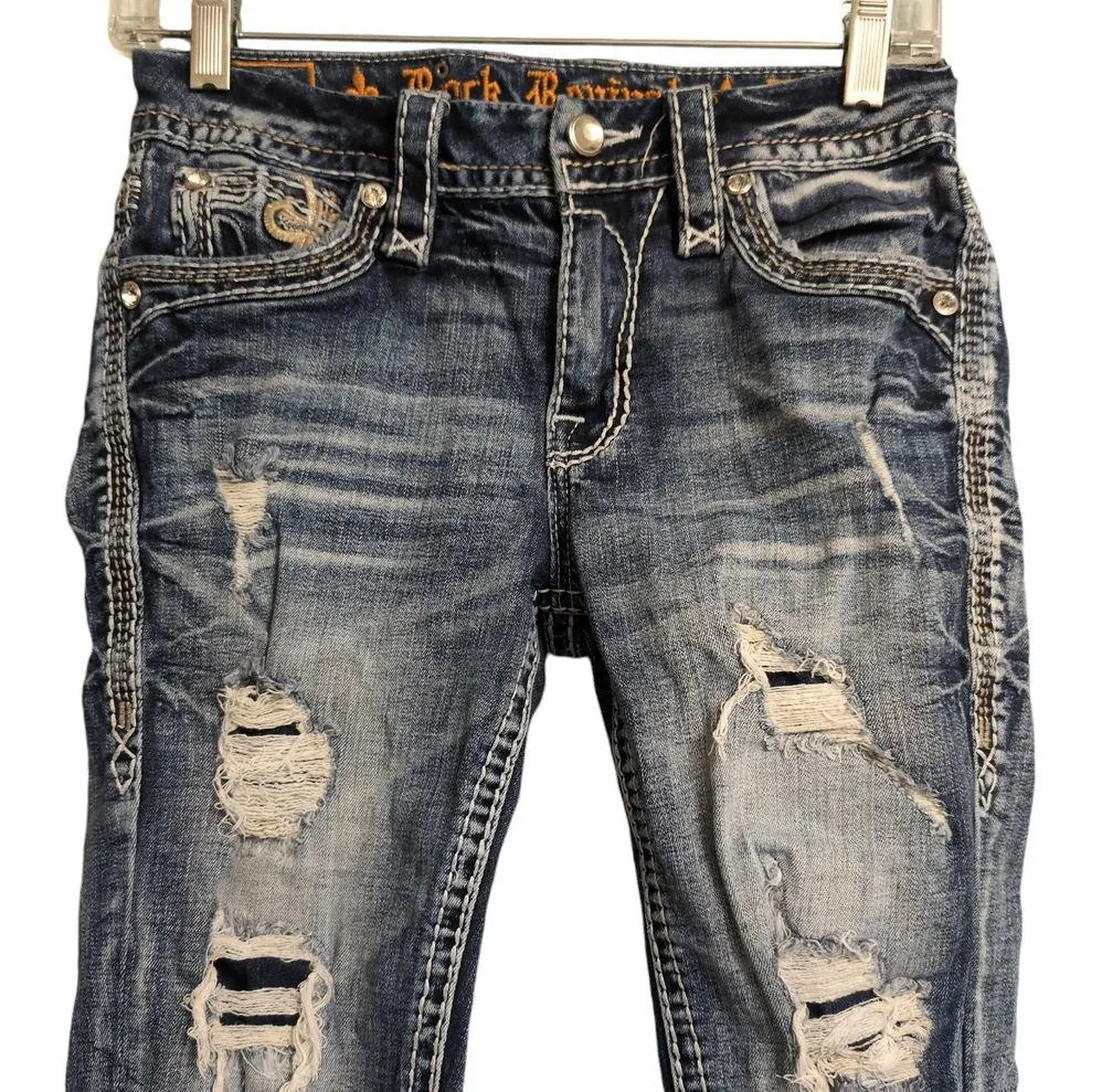 Rock Revival Blue Distressed Embroidered Rhinestone Agata Skinny Jeans Size 25 - Image 3