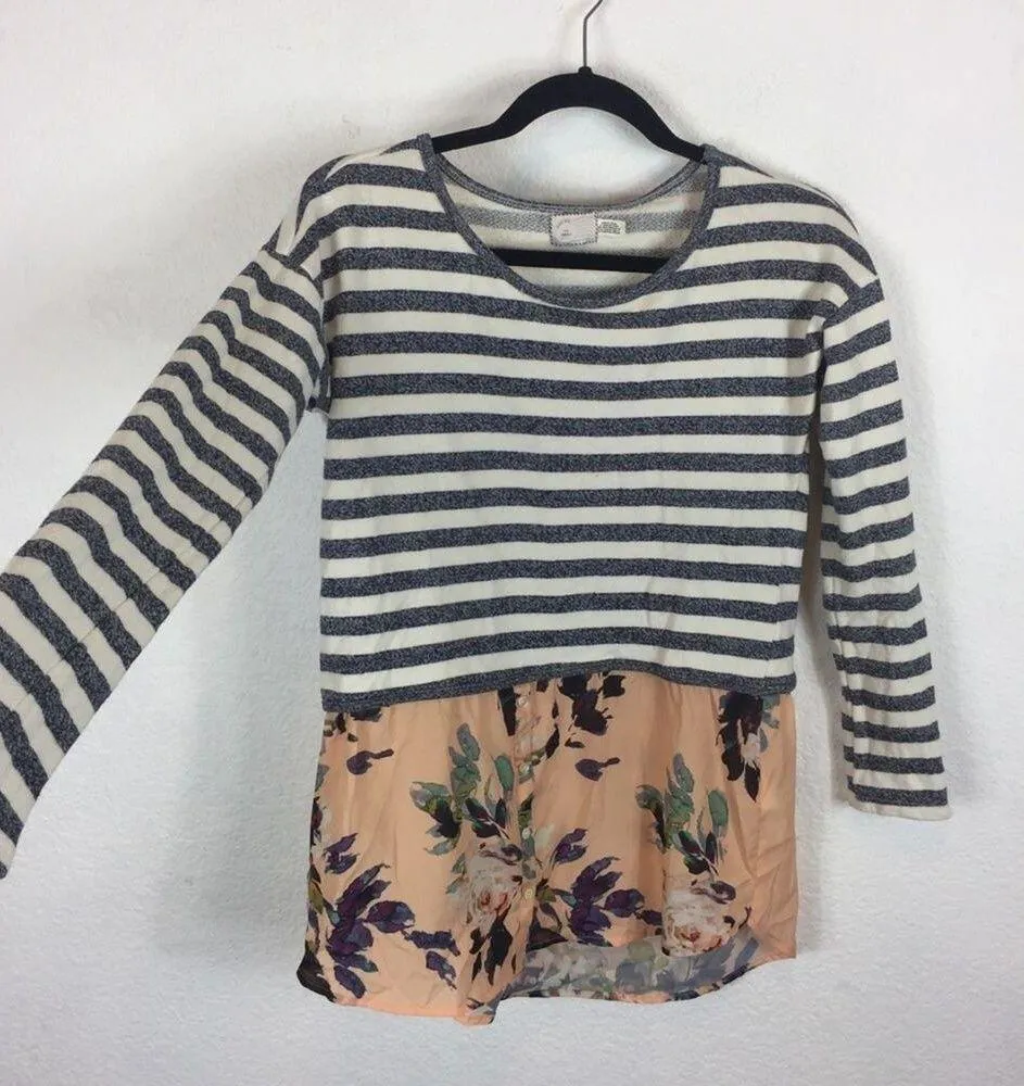 Anthropologie Postmark Striped Layered Floral Knit Chiffon Boho Top XS - Image 6
