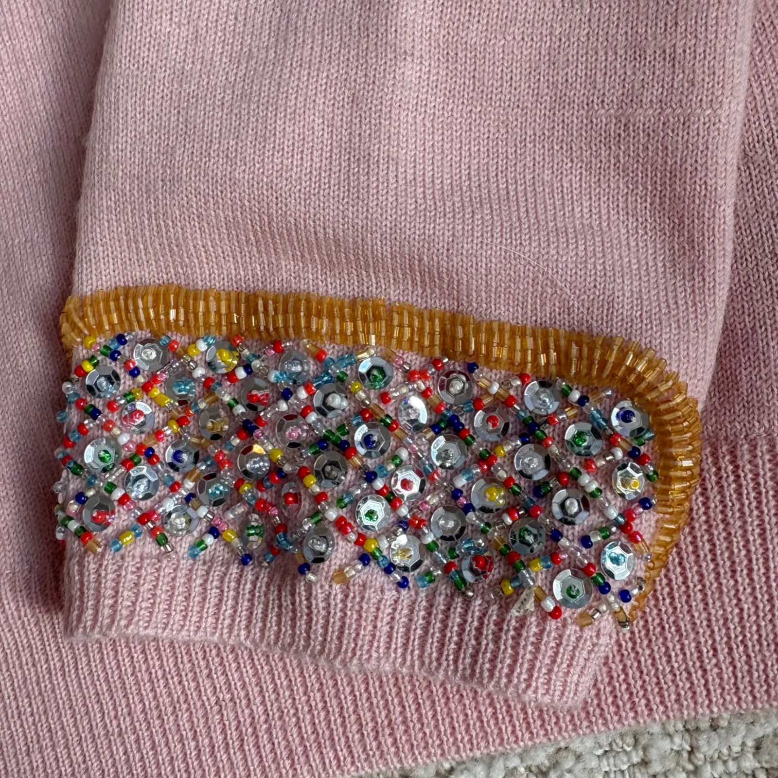 Marc Jacobs Pink Beaded Wool‎ Peter Pan Collar Cardigan Sweater Women's Size L - Image 13