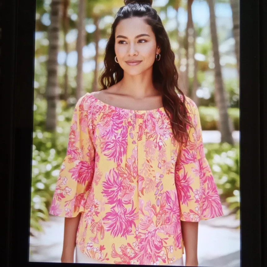 Lilly Pulitzer Neive Long Sleeve Off Tge Shoulder Top Vibrant Floral Vacation M - Image 6