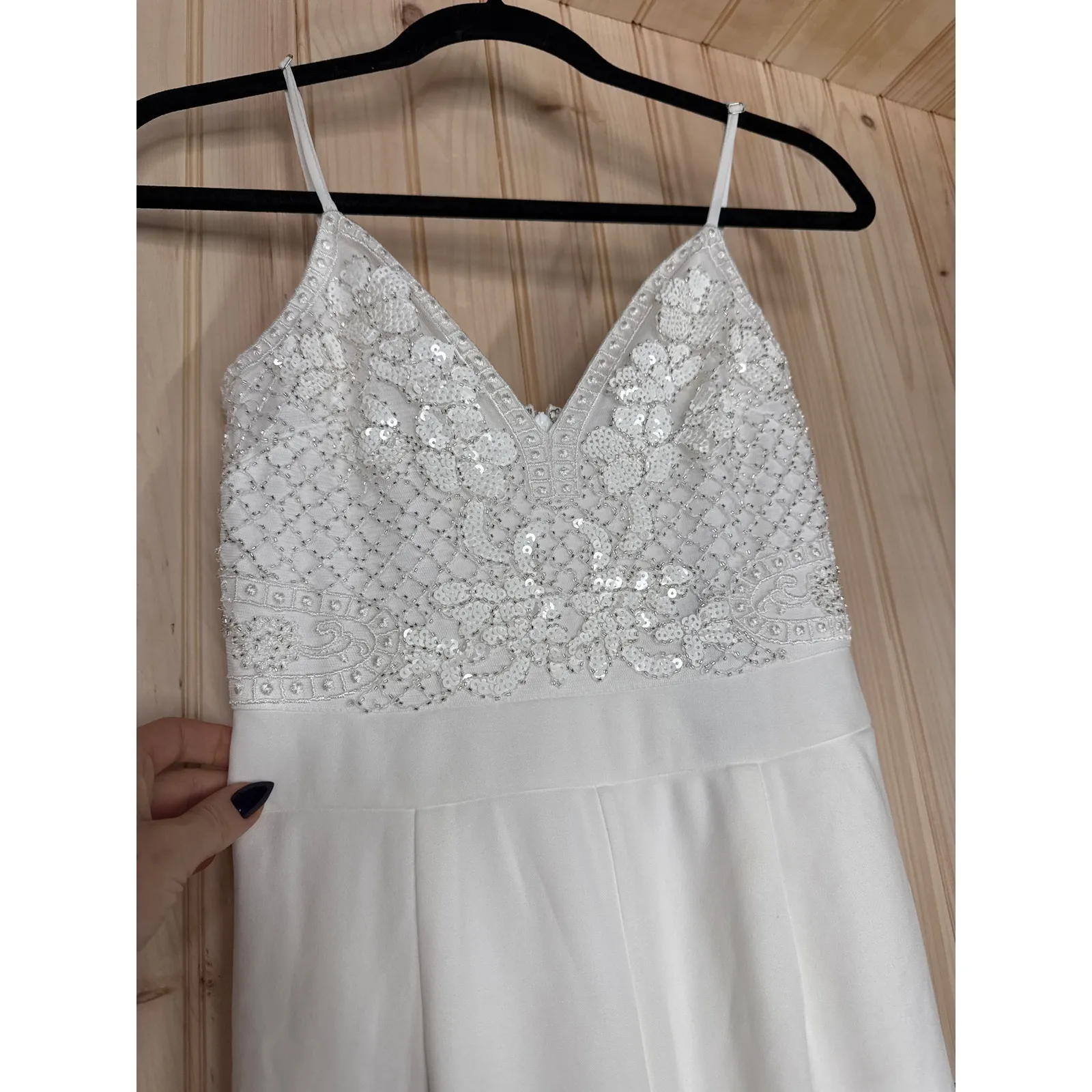 NWT Lulus Memorable Occasion White Beaded Sequin Wide-Leg Jumpsuit Glam Bling S - Image 6