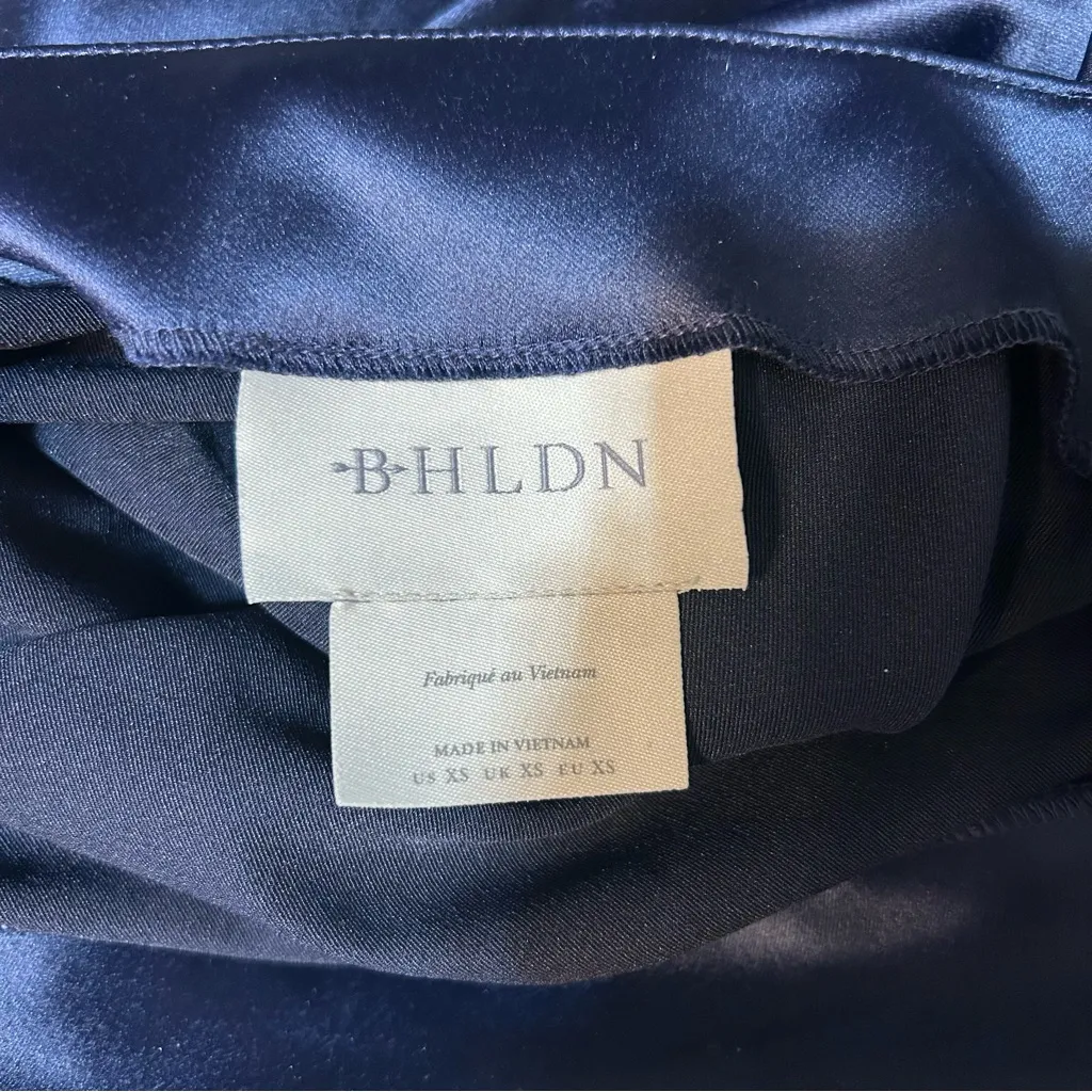 BHLDN Anthropologie Emery Square Neck Stretch Satin Midi Dress Navy Size XS - Image 7