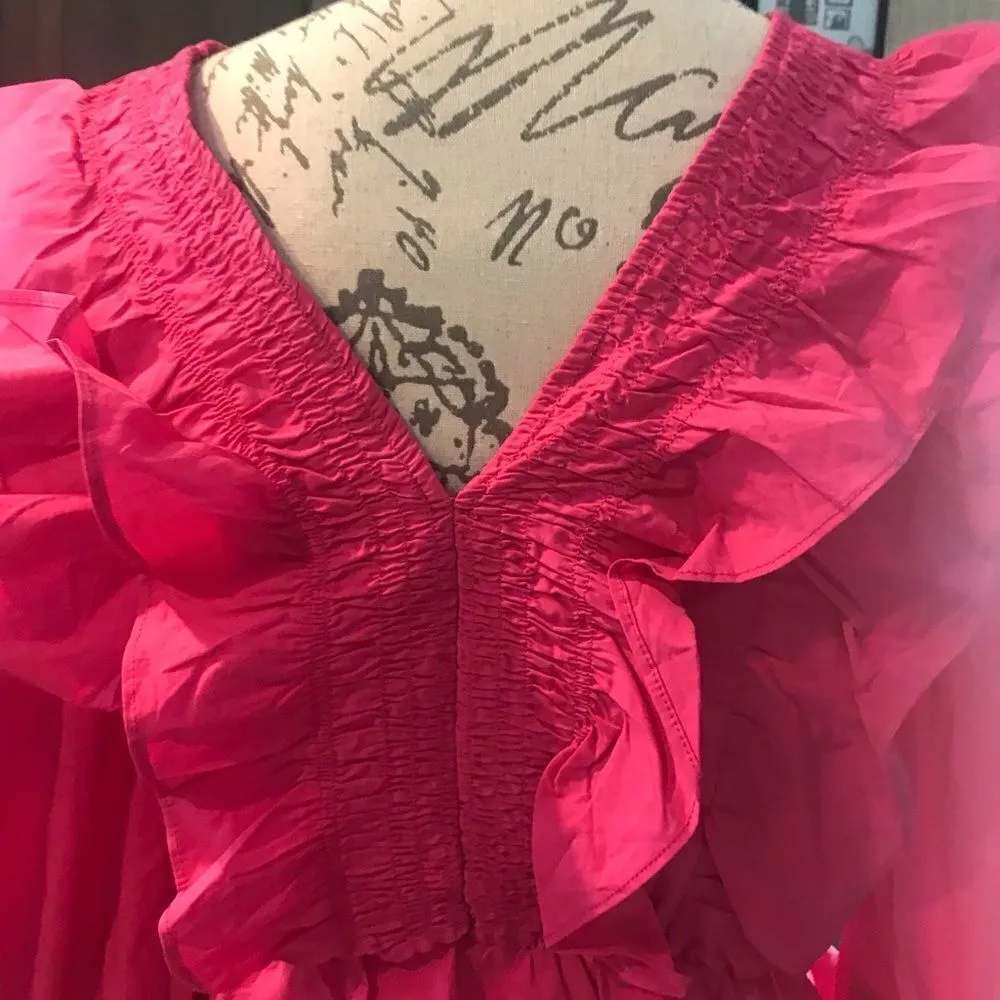 Ellatuse Pink Ruffled V Neck Crop Blouse - Image 12