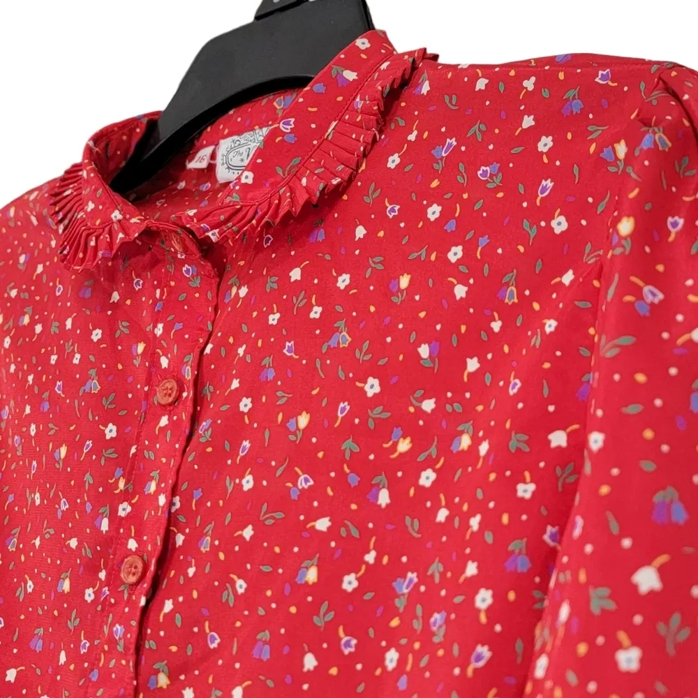 The Villager VTG Red Mini Floral Print Button Down Long Sleeve Women's Size 16 - Image 3