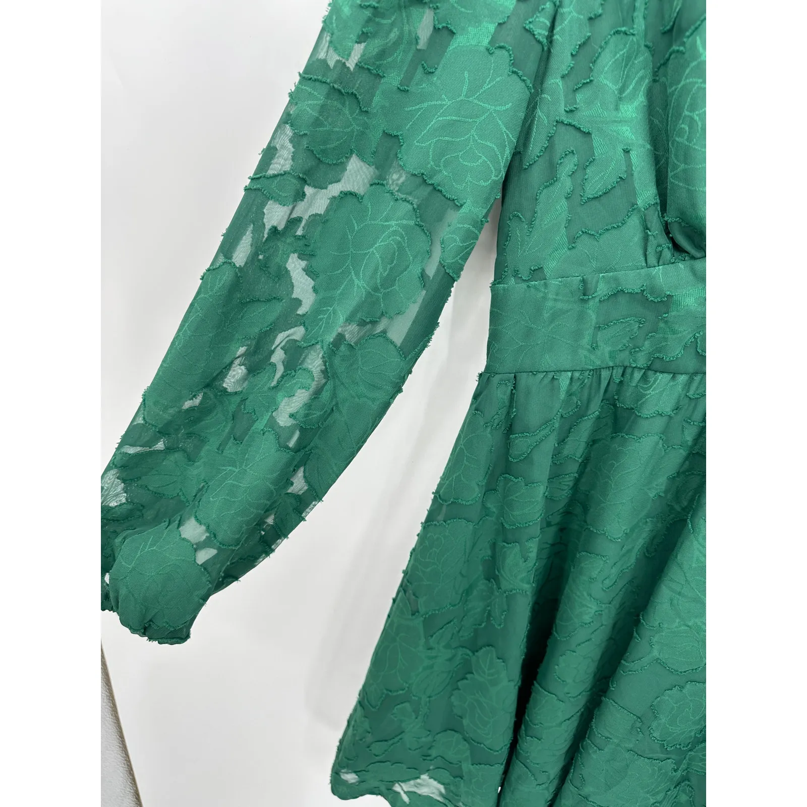 Cupshe Green Sheer Floral Babydoll Dress Womens Sz M Mini Resort Ethereal Boho - Image 3