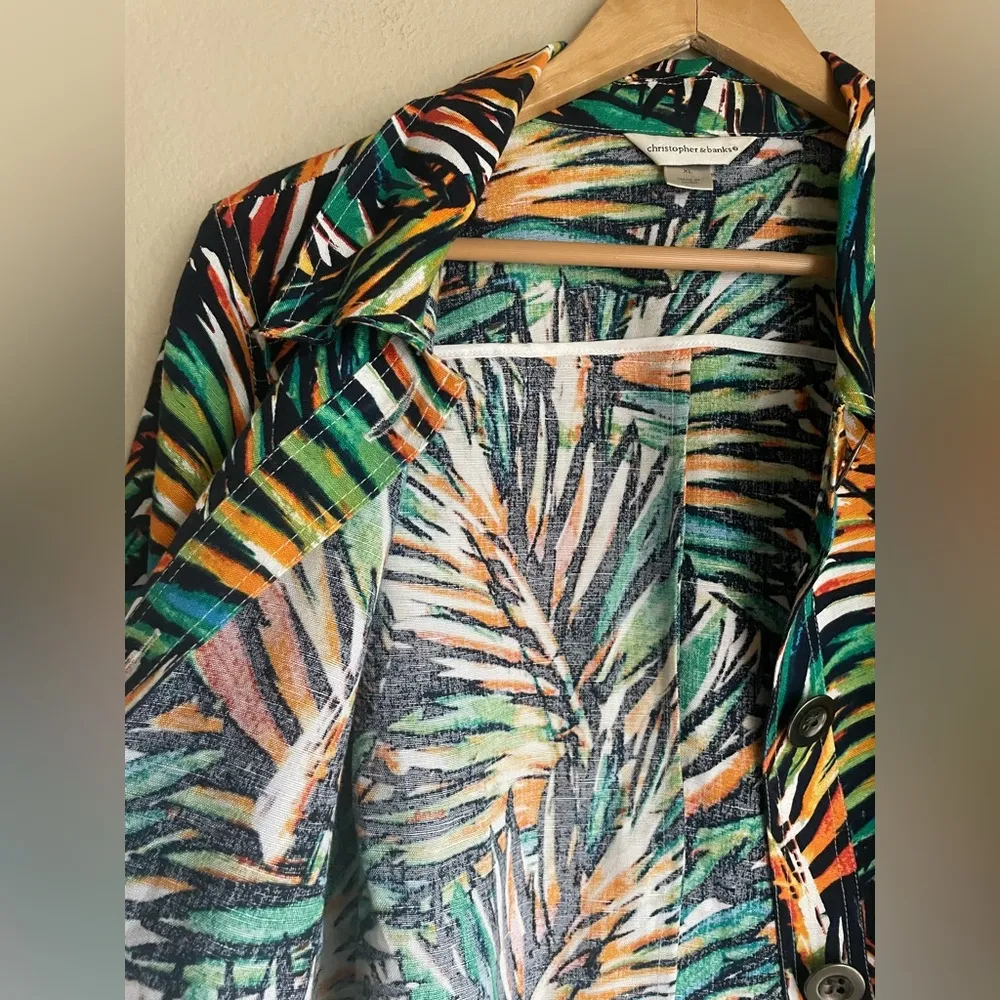 Christopher & Banks Linen Blend Tropical Leaf Print Jacket XL - Image 2